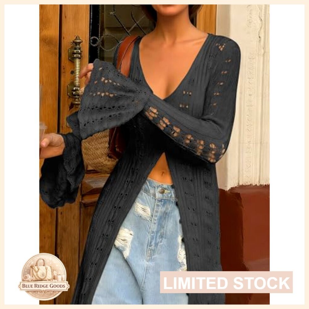 Crochet Maxi Duster Cardigan Lightweight Bell Sleeves Ruffle Hem Y2K - Picture 5 of 7